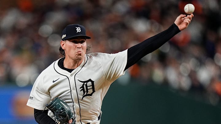 Detroit Tigers pitcher Tyler Holton (87) throws against Cleveland Guardians during the fifth inning at Game 4 of ALDS at Comerica Park in Detroit on Thursday, Oct. 10, 2024.