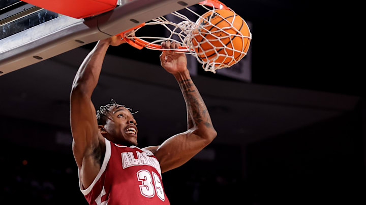 Jan 11, 2025; College Station, Texas, USA; Alabama Crimson Tide forward Derrion Reid (35) dunks against the Texas A&M Aggies during the second half at Reed Arena. Mandatory Credit: Erik Williams-Imagn Images Jan 11, 2025; College Station, Texas, USA; Alabama Crimson Tide forward Derrion Reid (35) dunks against the Texas A&M Aggies during the second half at Reed Arena. Mandatory Credit: Erik Williams-Imagn Images