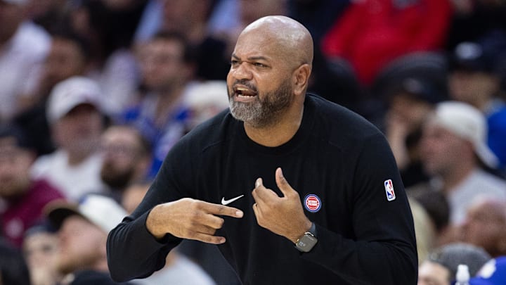 Oct 30, 2024; Philadelphia, Pennsylvania, USA; Detroit Pistons head coach J.B. Bickerstaff reacts to a play against the Philadelphia 76ers during the third quarter at Wells Fargo Center. Mandatory Credit: Bill Streicher-Imagn Images Oct 30, 2024; Philadelphia, Pennsylvania, USA; Detroit Pistons head coach J.B. Bickerstaff reacts to a play against the Philadelphia 76ers during the third quarter at Wells Fargo Center. Mandatory Credit: Bill Streicher-Imagn Images