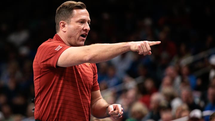 Mar 13, 2026; Kansas City, MO, USA; Iowa State Cyclones head coach T.J. Otzelberger gives direction during the first half against the Arizona Wildcats at T-Mobile Center.