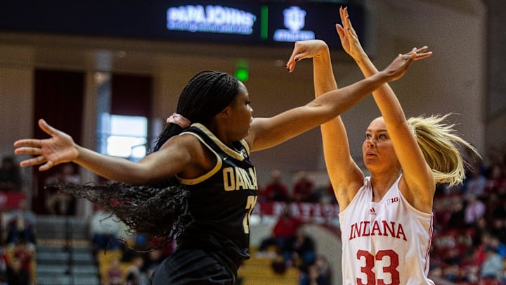 Indiana's Sydney Parrish (33) makes a three-pointer over Oakland's Madison Royal-Davis (21) during the Indiana versus Oakland women's basketball game at Simon Skjodt Assembly Hall on Sunday, Dec. 22, 2024. Indiana's Sydney Parrish (33) makes a three-pointer over Oakland's Madison Royal-Davis (21) during the Indiana versus Oakland women's basketball game at Simon Skjodt Assembly Hall on Sunday, Dec. 22, 2024.