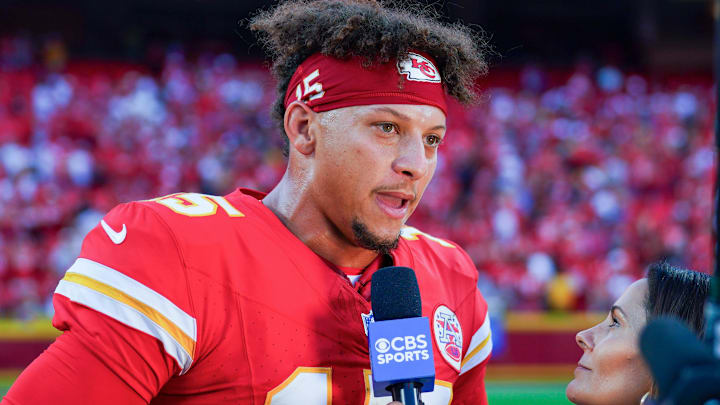 Sep 15, 2024; Kansas City, Missouri, USA; Kansas City Chiefs quarterback Patrick Mahomes (15) is interviewed after the win over the Cincinnati Bengals at GEHA Field at Arrowhead Stadium. Mandatory Credit: Denny Medley-Imagn Images Sep 15, 2024; Kansas City, Missouri, USA; Kansas City Chiefs quarterback Patrick Mahomes (15) is interviewed after the win over the Cincinnati Bengals at GEHA Field at Arrowhead Stadium. Mandatory Credit: Denny Medley-Imagn Images
