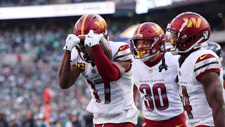 Jan 26, 2025; Philadelphia, PA, USA; Washington Commanders wide receiver Terry McLaurin (17) reacts after a play against the Philadelphia Eagles during the first half in the NFC Championship game at Lincoln Financial Field. Mandatory Credit: Bill Streicher-Imagn Images