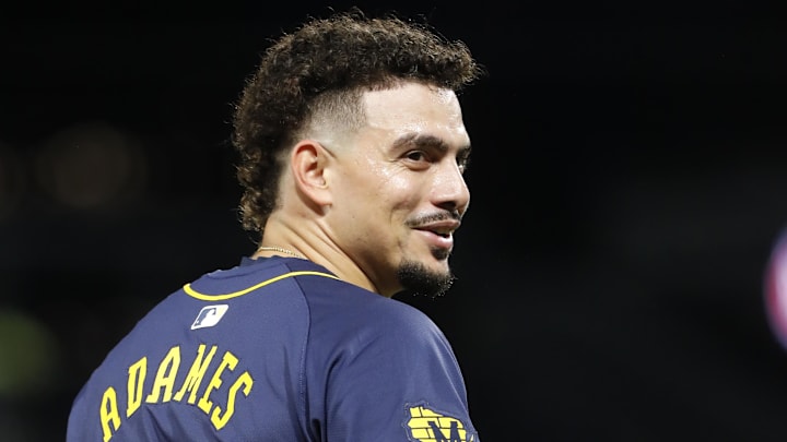 Milwaukee Brewers shortstop Willy Adames (27) gestures to the Pittsburgh Pirates dugout while on third base during the fourth inning at PNC Park on Sept 24.