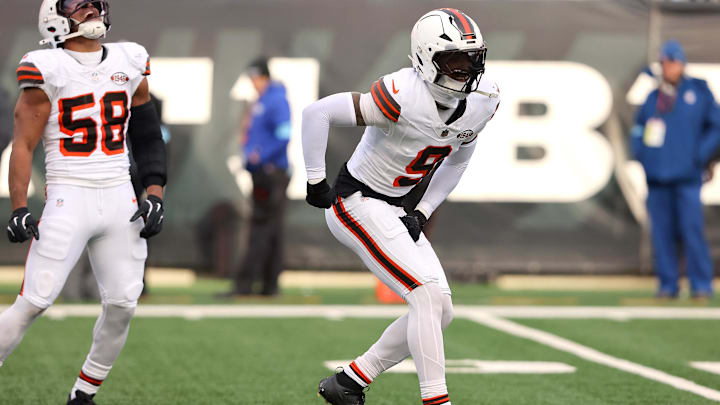 Dec 22, 2024; Cincinnati, Ohio, USA;  Cleveland Browns safety Grant Delpit (9) celebrates a sack during the fourth quarter against the Cincinnati Bengals at Paycor Stadium. Mandatory Credit: Joseph Maiorana-Imagn Images