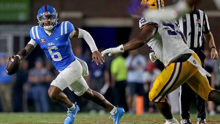 Sep 19, 2026; Oxford, Mississippi, USA; Mississippi Rebels quarterback Trinidad Chambliss (6) looks for an open receiver during the second quarter against the LSU Tigers at Vaught-Hemingway Stadium. Mandatory Credit: Petre Thomas-Imagn Images Sep 19, 2026; Oxford, Mississippi, USA; Mississippi Rebels quarterback Trinidad Chambliss (6) looks for an open receiver during the second quarter against the LSU Tigers at Vaught-Hemingway Stadium. Mandatory Credit: Petre Thomas-Imagn Images