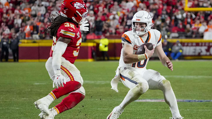 Dec 25, 2025; Kansas City, Missouri, USA; Denver Broncos quarterback Bo Nix (10) runs the ball during the fourth quarter at GEHA Field at Arrowhead Stadium. Mandatory Credit: Denny Medley-Imagn Images
