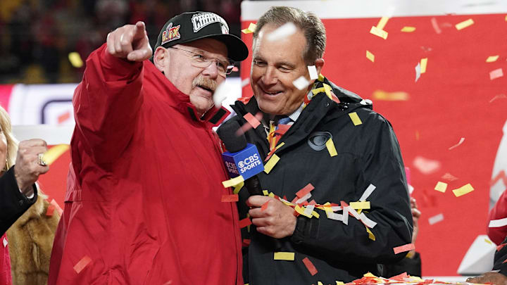 Jan 26, 2025; Kansas City, MO, USA; Kansas City Chiefs head coach Andy Reid reacts on stage while talking to the media after defeating the Buffalo Bills in the AFC Championship game at GEHA Field at Arrowhead Stadium. Mandatory Credit: Denny Medley-Imagn Images