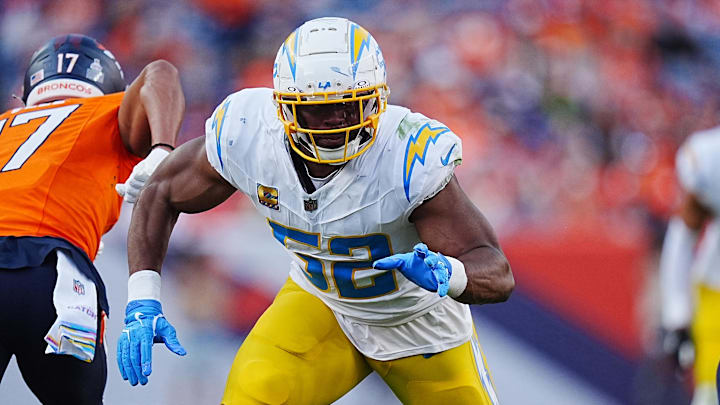 Oct 13, 2024; Denver, Colorado, USA; Los Angeles Chargers linebacker Khalil Mack (52) during the second half against the Denver Broncos at Empower Field at Mile High.