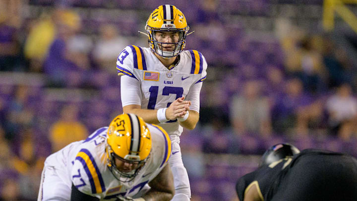 Oct 21, 2023; Baton Rouge, Louisiana, USA; LSU Tigers quarterback Garrett Nussmeier (13) lines up against the Army Black Knights during the fourth quarter at Tiger Stadium. Mandatory Credit: Matthew Hinton-USA TODAY Sports