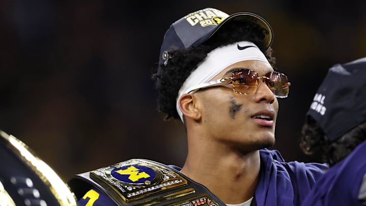 Jan 8, 2024; Houston, TX, USA; Michigan Wolverines defensive back Will Johnson (2) celebrates after winning 2024 College Football Playoff national championship game against the Washington Huskies at NRG Stadium. Mandatory Credit: Thomas Shea-Imagn Images