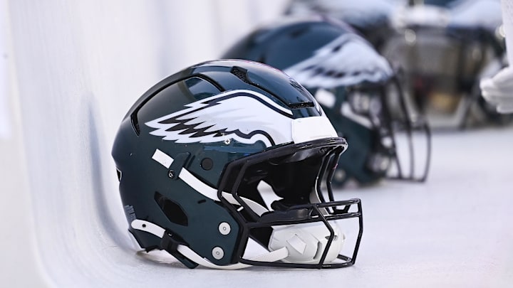 Aug 15, 2024; Foxborough, MA, USA; Philadelphia Eagles helmets sit on the bench during the first half against the New England Patriots at Gillette Stadium. Mandatory Credit: Eric Canha-Imagn Images