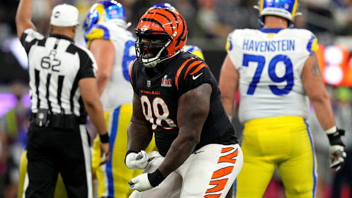 Cincinnati Bengals nose tackle D.J. Reader (98) celebrates a sack of Los Angeles Rams quarterback Matthew Stafford (9) (not pictured) in the third quarter during Super Bowl 56, Sunday, Feb. 13, 2022, at SoFi Stadium in Inglewood, Calif. The Cincinnati Bengals lost, 23-20.

Nfl Super Bowl 56 Los Angeles Rams Vs Cincinnati Bengals Feb 13 2022 2419