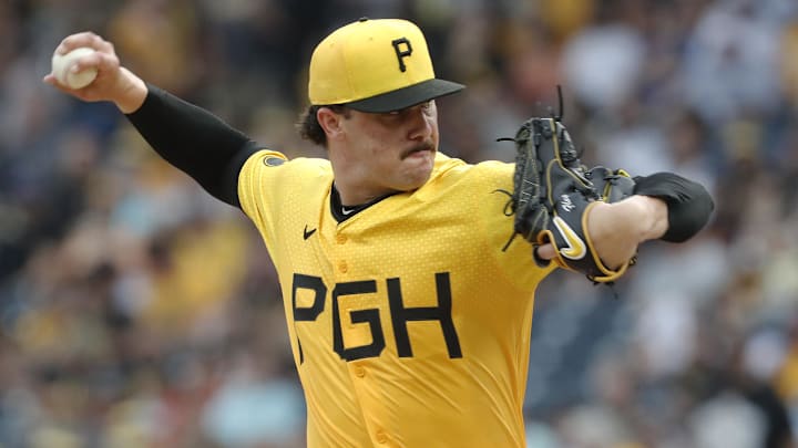 Jul 5, 2024; Pittsburgh, Pennsylvania, USA;  Pittsburgh Pirates starting pitcher Paul Skenes (30) delivers a pitch against the New York Mets during the first inning at PNC Park. Mandatory Credit: Charles LeClaire-USA TODAY Sports