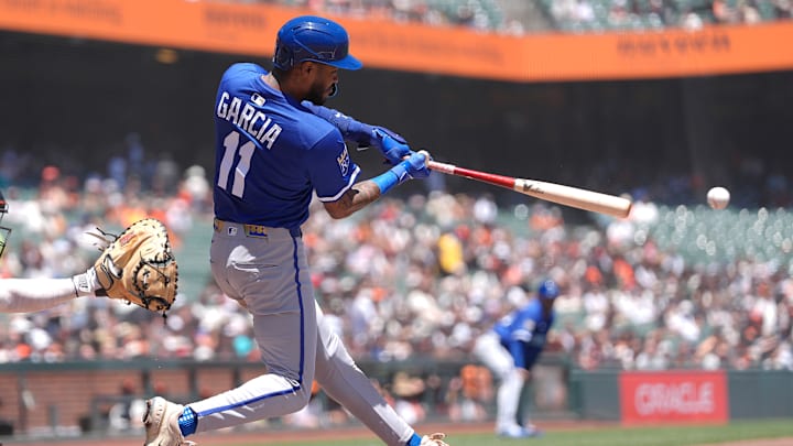Maikel Garcia connects on a pitch in a game vs the San Francisco Giants