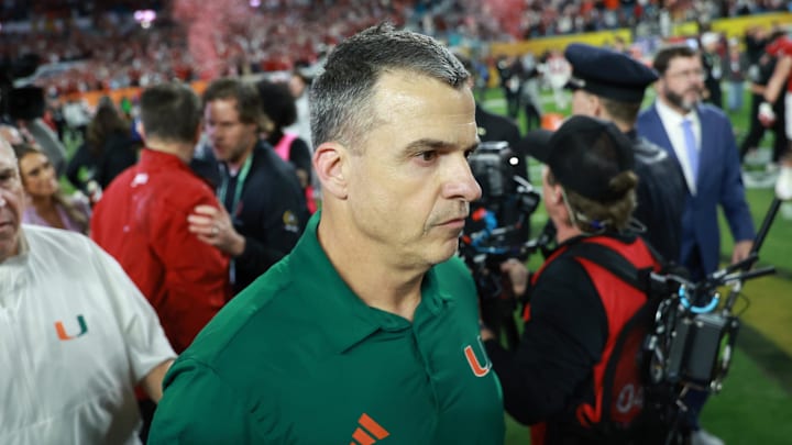 Jan 19, 2026; Miami Gardens, FL, USA; Miami Hurricanes head coach Mario Cristobal reacts after the College Football Playoff National Championship game at Hard Rock Stadium. Mandatory Credit: Mark J. Rebilas-Imagn Images
