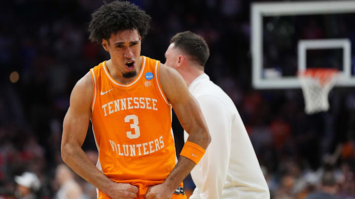 Mar 22, 2026; Philadelphia, PA, USA; Tennessee Volunteers guard Bishop Boswell (3) reacts against the Virginia Cavaliers in the second half during a second round game of the men's 2026 NCAA Tournament at Xfinity Mobile Arena. Mandatory Credit: Kyle Ross-Imagn Images