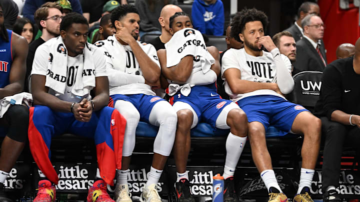 Nov 1, 2024; Detroit, Michigan, USA; Detroit Pistons players, from left, center Jalen Duren, forward Tobias Harris, guard Jaden Ivey and  guard Cade Cunningham : Lon Horwedel-Imagn Images