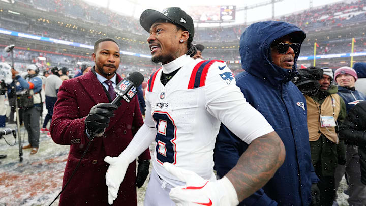 Jan 25, 2026; Denver, CO, USA; New England Patriots wide receiver Stefon Diggs (8) speaks to the media after defeating the Denver Broncos in the 2026 AFC Championship Game at Empower Field at Mile High. Mandatory Credit: Ron Chenoy-Imagn Images