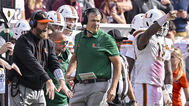 Dec 20, 2025; College Station, TX, USA; Miami Hurricanes head coach Mario Cristobal looks on during the game between the Aggies and the Hurricanes at Kyle Field. Mandatory Credit: Jerome Miron-Imagn Images