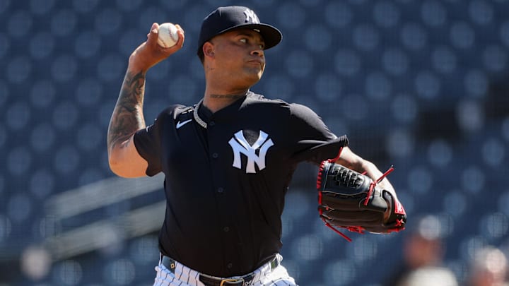 Feb 15, 2025; Tampa, FL, USA; New York Yankees starting pitcher Luis Gil (81) participates in spring training workouts at George M. Steinbrenner Field. Feb 15, 2025; Tampa, FL, USA; New York Yankees starting pitcher Luis Gil (81) participates in spring training workouts at George M. Steinbrenner Field.