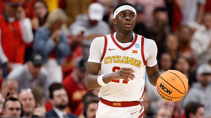 Mar 27, 2026; Chicago, IL, USA; Iowa State Cyclones guard Killyan Toure (27) moves the ball in the first half against the Tennessee Volunteers during a Sweet Sixteen game of the Midwest Regional of the men's 2026 NCAA Tournament at United Center. Mandatory Credit: Kamil Krzaczynski-Imagn Images