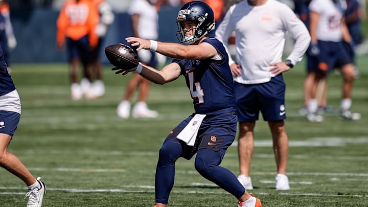 Jul 23, 2025; Englewood, CO, USA; Denver Broncos quarterback Sam Ehlinger (4) during Denver Broncos Training Camp. Mandatory Credit: Isaiah J. Downing-Imagn Images