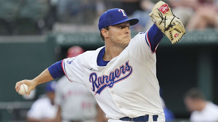 Sep 7, 2024; Arlington, Texas, USA; Texas Rangers starting pitcher Jack Leiter (35) pitches to the Los Angeles Angels during the first inning at Globe Life Field. 