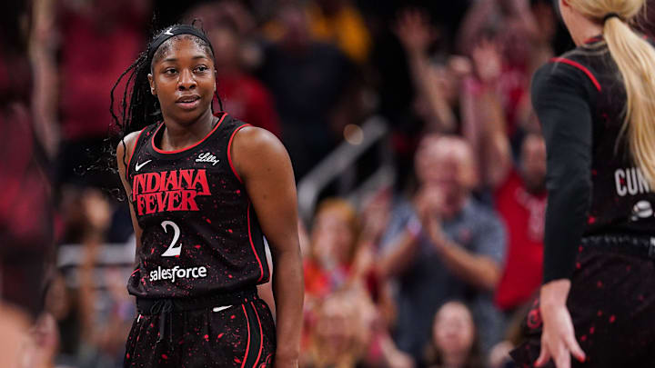 Indiana Fever guard Aari McDonald (2) looks at Indiana Fever guard Sophie Cunningham (8) after scoring three-points on Thursday, July 24, 2025, during the game at Gainbridge Fieldhouse in Indianapolis. Indiana Fever guard Aari McDonald (2) looks at Indiana Fever guard Sophie Cunningham (8) after scoring three-points on Thursday, July 24, 2025, during the game at Gainbridge Fieldhouse in Indianapolis.