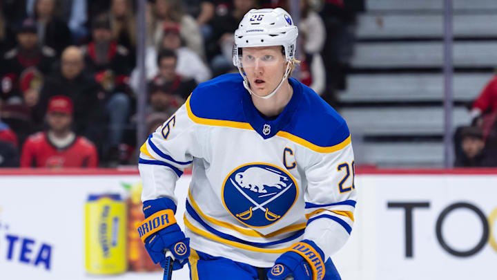 Apr 1, 2025; Ottawa, Ontario, CAN; Buffalo Sabres defenseman Rasmus Dahlin (26) follows the puck in the first period against the Ottawa Senators at the Canadian Tire Centre. Mandatory Credit: Marc DesRosiers-Imagn Images
