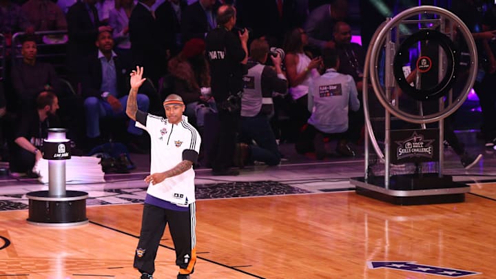 Feb 14, 2015; New York, NY, USA; Phoenix Suns guard Isaiah Thomas (3) waves during the 2015 NBA All