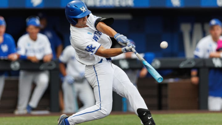 Jun 8, 2024; Lexington, KY, USA; Kentucky Wildcats outfielder Ryan Waldschmidt (21) hits a pitch during the sixth inning against the Oregon State Beavers at Kentucky Proud Park. Mandatory Credit: Jordan Prather-USA TODAY Sports Jun 8, 2024; Lexington, KY, USA; Kentucky Wildcats outfielder Ryan Waldschmidt (21) hits a pitch during the sixth inning against the Oregon State Beavers at Kentucky Proud Park. Mandatory Credit: Jordan Prather-USA TODAY Sports