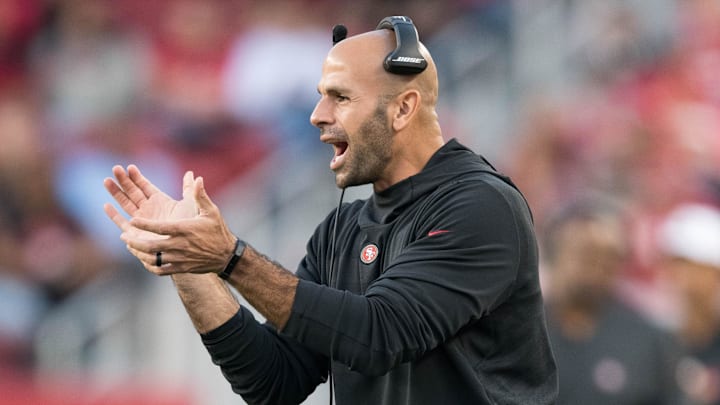 August 30, 2018; Santa Clara, CA, USA; San Francisco 49ers defensive coordinator Robert Saleh during the first quarter against the Los Angeles Chargers at Levi's Stadium. Mandatory Credit: Kyle Terada-Imagn Images August 30, 2018; Santa Clara, CA, USA; San Francisco 49ers defensive coordinator Robert Saleh during the first quarter against the Los Angeles Chargers at Levi's Stadium. Mandatory Credit: Kyle Terada-Imagn Images