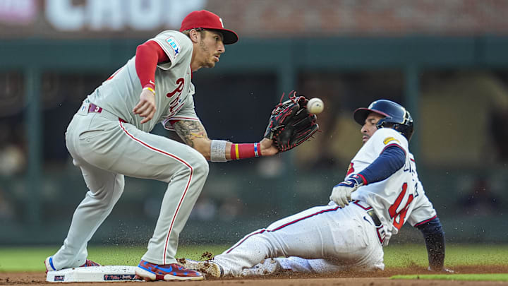Atlanta Braves right fielder Ramon Laureano and Philadelphia Phillies second baseman Bryson Stott