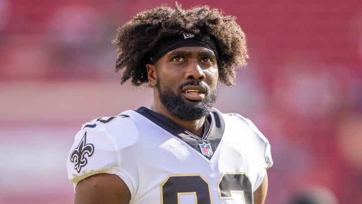 November 27, 2022; Santa Clara, California, USA; New Orleans Saints tight end Juwan Johnson (83) before the game against the San Francisco 49ers at Levi's Stadium. Mandatory Credit: Kyle Terada-USA TODAY Sports