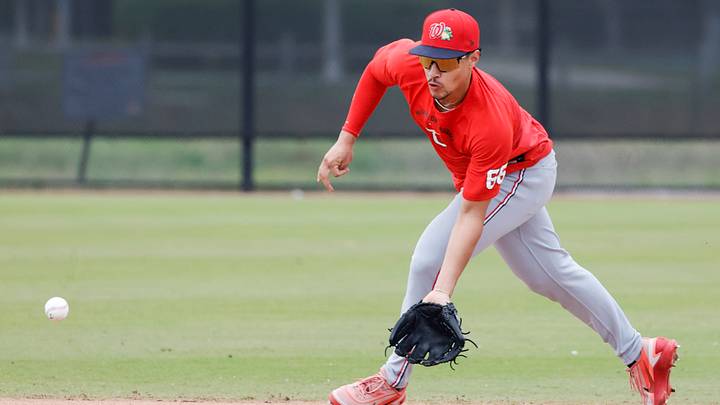 Feb 19, 2026; West Palm Beach, FL, USA; Washington Nationals infielder Seaver King (66) fields the ball during spring training workouts at CACTI Park of the Palm Beaches. Mandatory Credit: Reinhold Matay-Imagn Images Feb 19, 2026; West Palm Beach, FL, USA; Washington Nationals infielder Seaver King (66) fields the ball during spring training workouts at CACTI Park of the Palm Beaches. Mandatory Credit: Reinhold Matay-Imagn Images