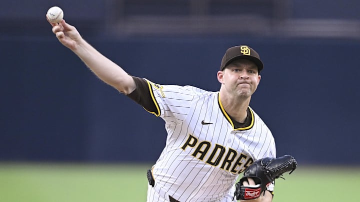 Michael King of San Diego Padres throws pitch from right hand