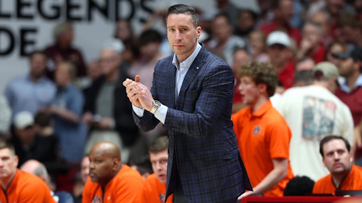 Mar 7, 2026; Tuscaloosa, Alabama, USA; Auburn Tigers head coach Steven Pearl reacts from the sideline during the first half against the Alabama Crimson Tide at Coleman Coliseum. Mandatory Credit: David Leong-Imagn Images