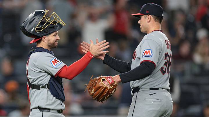 Jun 3, 2026; Bronx, New York, USA; Cleveland Guardians pitcher Cade Smith (36) celebrates with catcher Patrick Bailey (16) after defeating the New York Yankees at Yankee Stadium. Mandatory Credit: Vincent Carchietta-Imagn Images