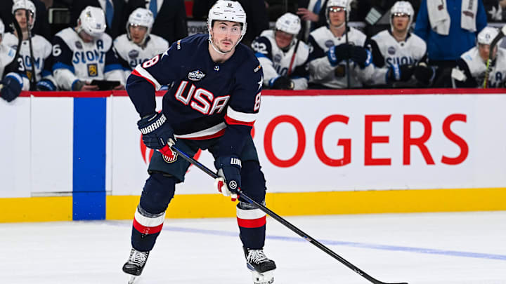 Zach Werenski reps team USA at the 4 Nations Faceoff last year.