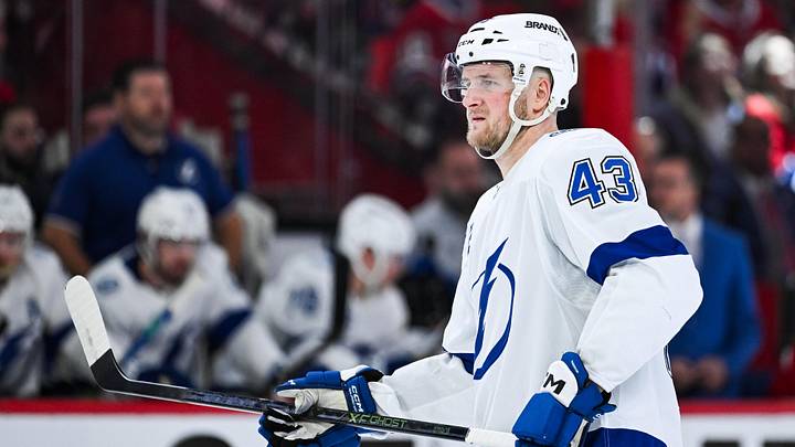 Apr 26, 2026; Montreal, Quebec, CAN; Tampa Bay Lightning defenseman Darren Raddysh (43) looks on against the Montreal Canadiens during the second period in game four of the first round of the 2026 Stanley Cup Playoffs at Bell Centre. Mandatory Credit: David Kirouac-Imagn Images Apr 26, 2026; Montreal, Quebec, CAN; Tampa Bay Lightning defenseman Darren Raddysh (43) looks on against the Montreal Canadiens during the second period in game four of the first round of the 2026 Stanley Cup Playoffs at Bell Centre. Mandatory Credit: David Kirouac-Imagn Images