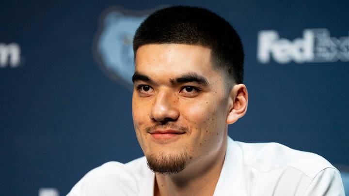Zach Edey, a first-round draft pick for the Grizzlies, smiles during a press conference. Zach Edey, a first-round draft pick for the Grizzlies, smiles during a press conference.