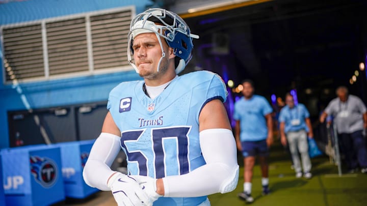 Tennessee Titans linebacker Cody Barton heads out for warmups before a game against the Indianapolis Colts at Nissan Stadium Tennessee Titans linebacker Cody Barton heads out for warmups before a game against the Indianapolis Colts at Nissan Stadium