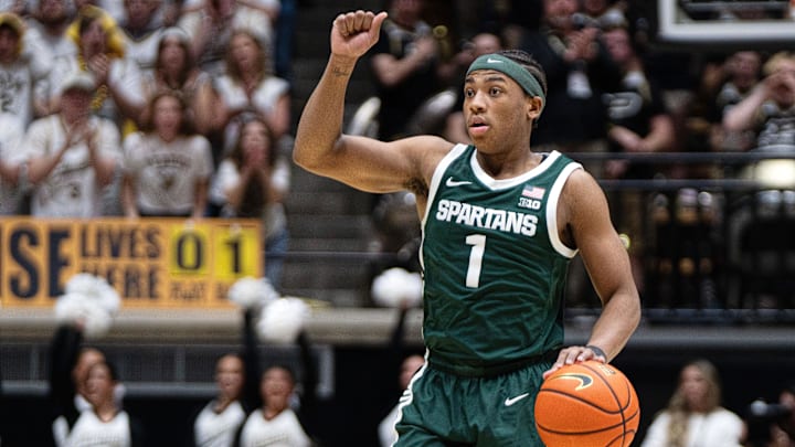 Feb 26, 2026; West Lafayette, Indiana, USA; Michigan State Spartans guard Jeremy Fears Jr. (1) calls a play during the first half of a game against the Purdue Boilermakers at Mackey Arena. Mandatory Credit: Jacob Musselman-Imagn Images