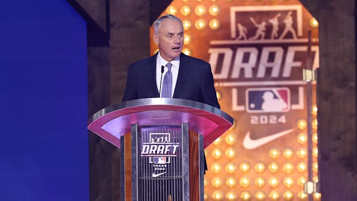 Jul 14, 2024; Ft. Worth, TX, USA;  MLB Commissioner Rob Manfred during the first round of the MLB Draft at Cowtown Coliseum. 