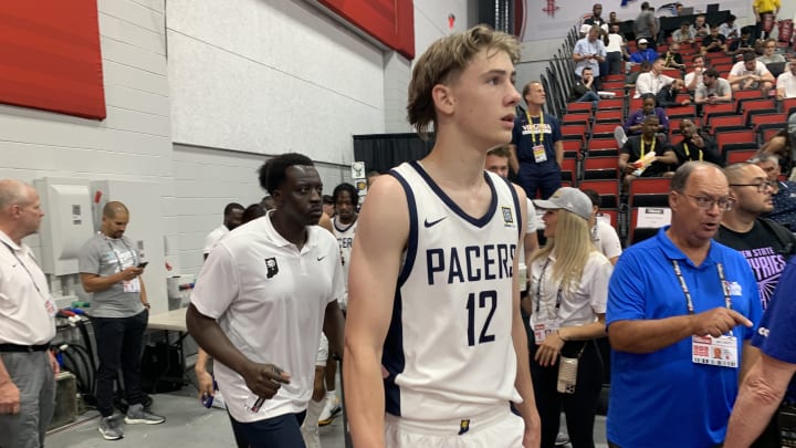 Indiana Pacers forward Johnny Furphy walks back onto the court after halftime of the Minnesota TImberwolves vs Indiana Pacers summer league game on July 14, 2024. (Mandatory Photo Credit: Tony East)