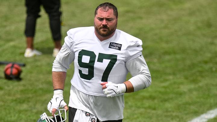 New York Jets defensive lineman Harrison Phillips (97) participates in a drill during minicamp at Atlantic Health Jets Training Center. New York Jets defensive lineman Harrison Phillips (97) participates in a drill during minicamp at Atlantic Health Jets Training Center.