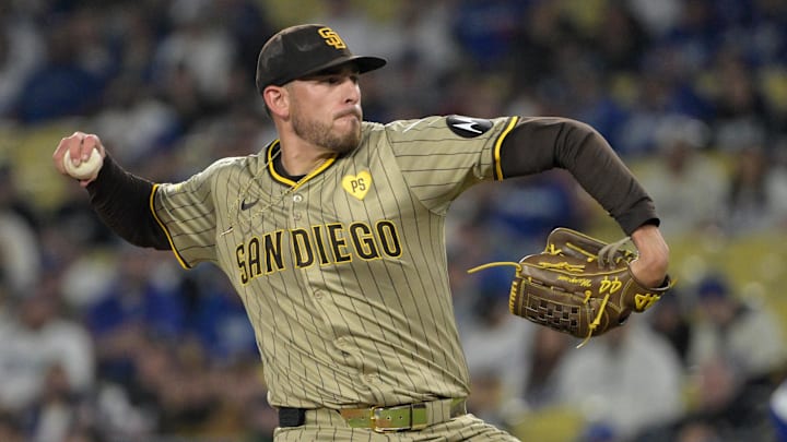 San Diego Padres starting pitcher Joe Musgrove (44) delivers to the plate in the first inning against the Los Angeles Dodgers at Dodger Stadium on Sept. 26, 2024.