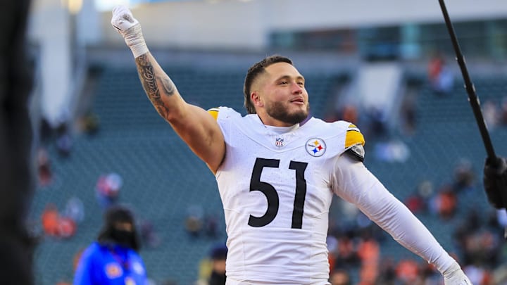 Dec 1, 2024; Cincinnati, Ohio, USA; Pittsburgh Steelers linebacker Nick Herbig (51) reacts after the victory over the Cincinnati Bengals at Paycor Stadium. Mandatory Credit: Katie Stratman-Imagn Images