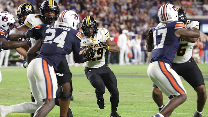 Oct 18, 2025; Auburn, Alabama, USA; Missouri Tigers running back Ahmad Hardy (29) carries during the first overtime against the Auburn Tigers at Jordan-Hare Stadium. Mandatory Credit: John Reed-Imagn Images Oct 18, 2025; Auburn, Alabama, USA; Missouri Tigers running back Ahmad Hardy (29) carries during the first overtime against the Auburn Tigers at Jordan-Hare Stadium. Mandatory Credit: John Reed-Imagn Images